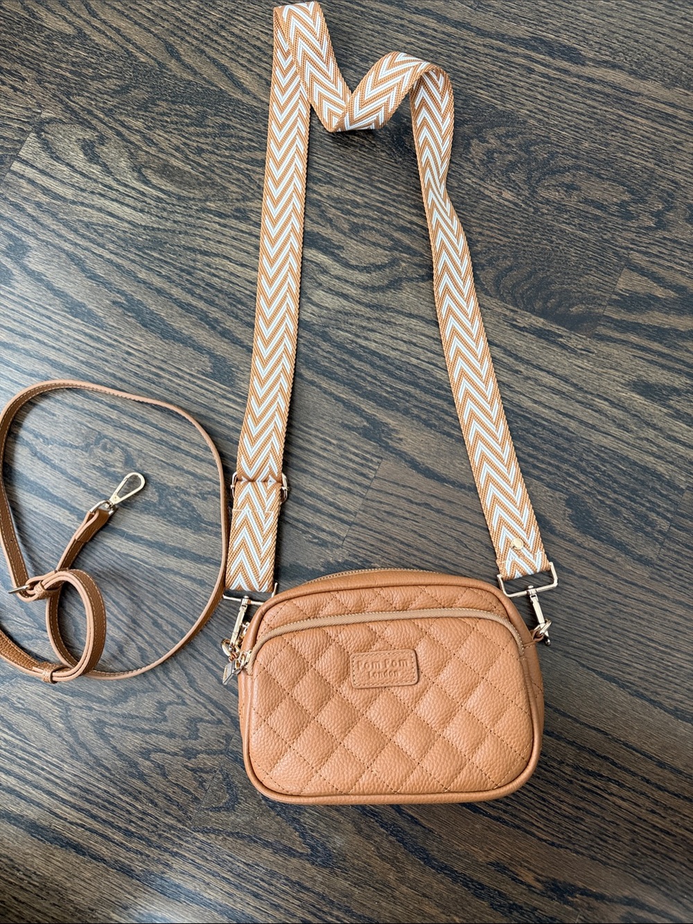 Quilted Tan Crossbody Bag with Chevron Strap and extra plain leather strap